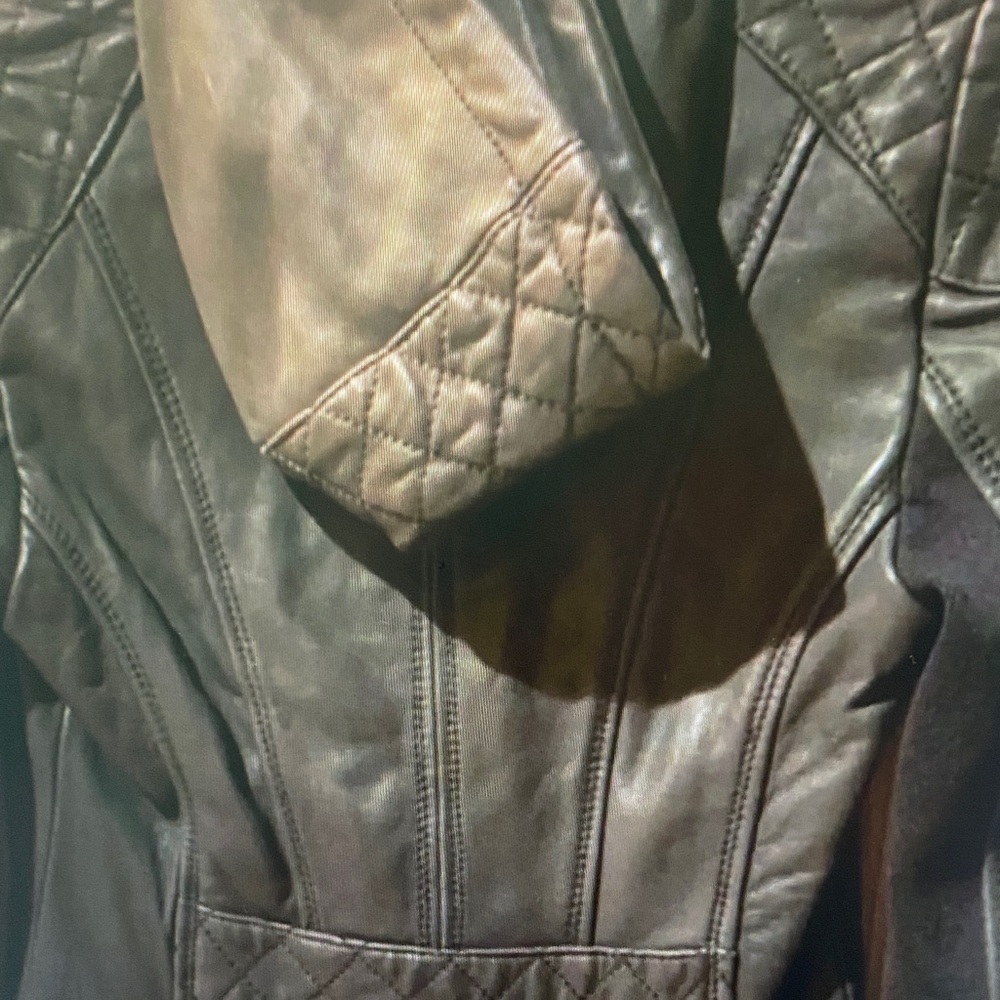 Michael Kors Navy Hooded Leather Jacket with Quilted Shoulders - Picture 7 of 7